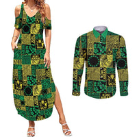 Cook Islands Mere Kiritimiti Couples Matching Summer Maxi Dress and Long Sleeve Button Shirt Pacific Patchwork Xmas Vibes - Polynesian Pride
