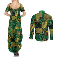 Cook Islands Mere Kiritimiti Couples Matching Summer Maxi Dress and Long Sleeve Button Shirt Pacific Patchwork Xmas Vibes - Polynesian Pride