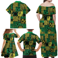 Cook Islands Mere Kiritimiti Family Matching Off Shoulder Maxi Dress and Hawaiian Shirt Pacific Patchwork Xmas Vibes - Polynesian Pride