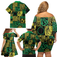 Cook Islands Mere Kiritimiti Family Matching Off Shoulder Short Dress and Hawaiian Shirt Pacific Patchwork Xmas Vibes - Polynesian Pride