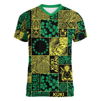 Cook Islands Mere Kiritimiti Women V-Neck T-Shirt Pacific Patchwork Xmas Vibes LT9 Female Green - Polynesian Pride