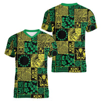 Cook Islands Mere Kiritimiti Women V-Neck T-Shirt Pacific Patchwork Xmas Vibes LT9 - Polynesian Pride