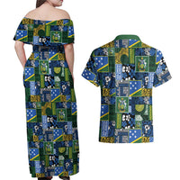 Solomon Islands Meri Kirihimete Couples Matching Off Shoulder Maxi Dress and Hawaiian Shirt Pacific Patchwork Xmas Vibes - Polynesian Pride