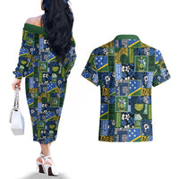 Solomon Islands Meri Kirihimete Couples Matching Off The Shoulder Long Sleeve Dress and Hawaiian Shirt Pacific Patchwork Xmas Vibes - Polynesian Pride