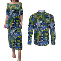 Solomon Islands Meri Kirihimete Couples Matching Puletasi and Long Sleeve Button Shirt Pacific Patchwork Xmas Vibes - Polynesian Pride