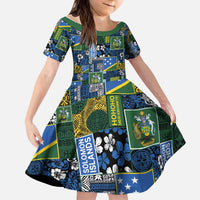 Solomon Islands Meri Kirihimete Kid Short Sleeve Dress Pacific Patchwork Xmas Vibes LT9 KID Blue - Polynesian Pride