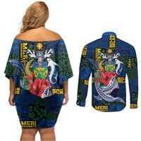 Solomon Islands Meri Kirihimete Couples Matching Off Shoulder Short Dress and Long Sleeve Button Shirt Funny Santa Riding Shark - Polynesian Pride