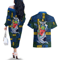 Solomon Islands Meri Kirihimete Couples Matching Off The Shoulder Long Sleeve Dress and Hawaiian Shirt Funny Santa Riding Shark - Polynesian Pride