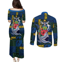 Solomon Islands Meri Kirihimete Couples Matching Puletasi and Long Sleeve Button Shirt Funny Santa Riding Shark - Polynesian Pride