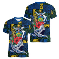 Solomon Islands Meri Kirihimete Women V-Neck T-Shirt Funny Santa Riding Shark - Polynesian Pride