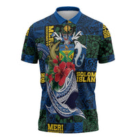 Solomon Islands Meri Kirihimete Zipper Polo Shirt Funny Santa Riding Shark LT9 Blue - Polynesian Pride