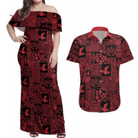 Black Tonga Kilisimasi Fiefia Couples Matching Off Shoulder Maxi Dress and Hawaiian Shirt Pacific Patchwork Xmas Vibes - Polynesian Pride
