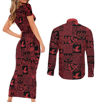 Black Tonga Kilisimasi Fiefia Couples Matching Short Sleeve Bodycon Dress and Long Sleeve Button Shirt Pacific Patchwork Xmas Vibes - Polynesian Pride