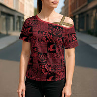 Black Tonga Kilisimasi Fiefia Cross Shoulder Shirt Pacific Patchwork Xmas Vibes LT9 - Polynesian Pride