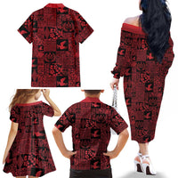 Black Tonga Kilisimasi Fiefia Family Matching Off The Shoulder Long Sleeve Dress and Hawaiian Shirt Pacific Patchwork Xmas Vibes - Polynesian Pride