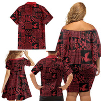 Black Tonga Kilisimasi Fiefia Family Matching Off Shoulder Short Dress and Hawaiian Shirt Pacific Patchwork Xmas Vibes - Polynesian Pride