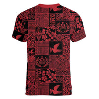 Black Tonga Kilisimasi Fiefia Women V-Neck T-Shirt Pacific Patchwork Xmas Vibes - Polynesian Pride
