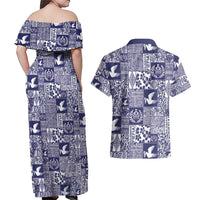 Blue Tonga Kilisimasi Fiefia Couples Matching Off Shoulder Maxi Dress and Hawaiian Shirt Pacific Patchwork Xmas Vibes - Polynesian Pride