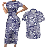 Blue Tonga Kilisimasi Fiefia Couples Matching Short Sleeve Bodycon Dress and Hawaiian Shirt Pacific Patchwork Xmas Vibes - Polynesian Pride