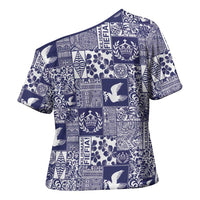 Blue Tonga Kilisimasi Fiefia Cross Shoulder Shirt Pacific Patchwork Xmas Vibes LT9 - Polynesian Pride