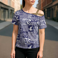 Blue Tonga Kilisimasi Fiefia Cross Shoulder Shirt Pacific Patchwork Xmas Vibes LT9 - Polynesian Pride