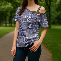 Blue Tonga Kilisimasi Fiefia Cross Shoulder Shirt Pacific Patchwork Xmas Vibes LT9 - Polynesian Pride