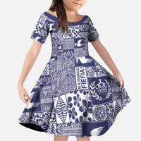Blue Tonga Kilisimasi Fiefia Family Matching Off The Shoulder Long Sleeve Dress and Hawaiian Shirt Pacific Patchwork Xmas Vibes - Polynesian Pride