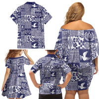 Blue Tonga Kilisimasi Fiefia Family Matching Off Shoulder Short Dress and Hawaiian Shirt Pacific Patchwork Xmas Vibes - Polynesian Pride