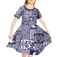 Blue Tonga Kilisimasi Fiefia Kid Short Sleeve Dress Pacific Patchwork Xmas Vibes - Polynesian Pride