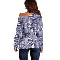 Blue Tonga Kilisimasi Fiefia Off Shoulder Sweater Pacific Patchwork Xmas Vibes - Polynesian Pride