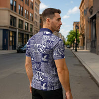 Blue Tonga Kilisimasi Fiefia Zipper Polo Shirt Pacific Patchwork Xmas Vibes - Polynesian Pride