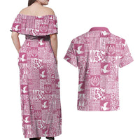 Pink Tonga Kilisimasi Fiefia Couples Matching Off Shoulder Maxi Dress and Hawaiian Shirt Pacific Patchwork Xmas Vibes - Polynesian Pride