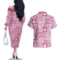 Pink Tonga Kilisimasi Fiefia Couples Matching Off The Shoulder Long Sleeve Dress and Hawaiian Shirt Pacific Patchwork Xmas Vibes - Polynesian Pride