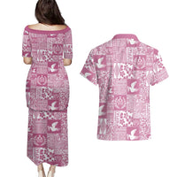 Pink Tonga Kilisimasi Fiefia Couples Matching Puletasi and Hawaiian Shirt Pacific Patchwork Xmas Vibes - Polynesian Pride