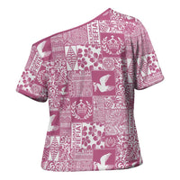 Pink Tonga Kilisimasi Fiefia Cross Shoulder Shirt Pacific Patchwork Xmas Vibes LT9 - Polynesian Pride