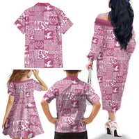 Pink Tonga Kilisimasi Fiefia Family Matching Off The Shoulder Long Sleeve Dress and Hawaiian Shirt Pacific Patchwork Xmas Vibes - Polynesian Pride