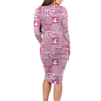 Pink Tonga Kilisimasi Fiefia Long Sleeve Bodycon Dress Pacific Patchwork Xmas Vibes - Polynesian Pride