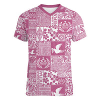 Pink Tonga Kilisimasi Fiefia Women V-Neck T-Shirt Pacific Patchwork Xmas Vibes LT9 Female Pink - Polynesian Pride