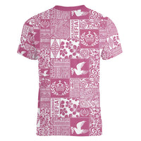 Pink Tonga Kilisimasi Fiefia Women V-Neck T-Shirt Pacific Patchwork Xmas Vibes LT9 - Polynesian Pride