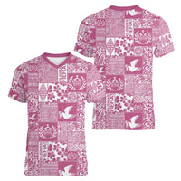 Pink Tonga Kilisimasi Fiefia Women V-Neck T-Shirt Pacific Patchwork Xmas Vibes LT9 - Polynesian Pride
