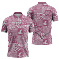 Pink Tonga Kilisimasi Fiefia Zipper Polo Shirt Pacific Patchwork Xmas Vibes - Polynesian Pride