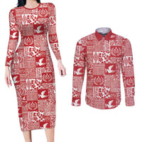 Red Tonga Kilisimasi Fiefia Couples Matching Long Sleeve Bodycon Dress and Long Sleeve Button Shirt Pacific Patchwork Xmas Vibes - Polynesian Pride