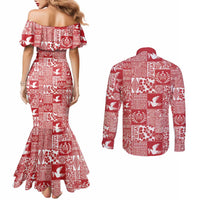 Red Tonga Kilisimasi Fiefia Couples Matching Mermaid Dress and Long Sleeve Button Shirt Pacific Patchwork Xmas Vibes - Polynesian Pride