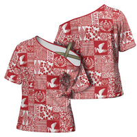 Red Tonga Kilisimasi Fiefia Cross Shoulder Shirt Pacific Patchwork Xmas Vibes LT9 - Polynesian Pride