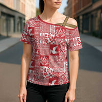 Red Tonga Kilisimasi Fiefia Cross Shoulder Shirt Pacific Patchwork Xmas Vibes LT9 - Polynesian Pride