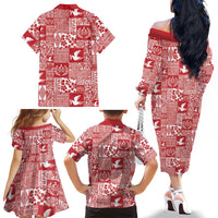 Red Tonga Kilisimasi Fiefia Family Matching Off The Shoulder Long Sleeve Dress and Hawaiian Shirt Pacific Patchwork Xmas Vibes - Polynesian Pride