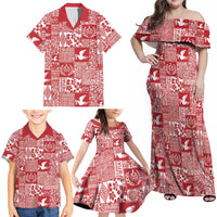 Red Tonga Kilisimasi Fiefia Family Matching Off Shoulder Maxi Dress and Hawaiian Shirt Pacific Patchwork Xmas Vibes - Polynesian Pride