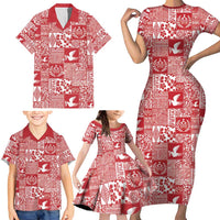 Red Tonga Kilisimasi Fiefia Family Matching Short Sleeve Bodycon Dress and Hawaiian Shirt Pacific Patchwork Xmas Vibes - Polynesian Pride
