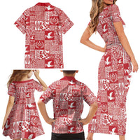 Red Tonga Kilisimasi Fiefia Family Matching Short Sleeve Bodycon Dress and Hawaiian Shirt Pacific Patchwork Xmas Vibes - Polynesian Pride