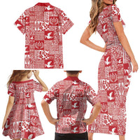 Red Tonga Kilisimasi Fiefia Family Matching Short Sleeve Bodycon Dress and Hawaiian Shirt Pacific Patchwork Xmas Vibes - Polynesian Pride